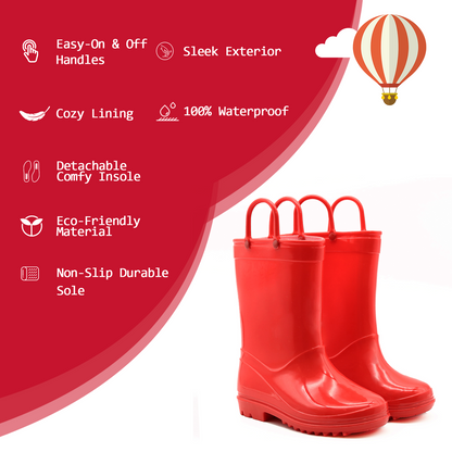 Toddler Kids Rain Boots for Girls Boys Waterproof Solid Red Rain Shoes with Handles