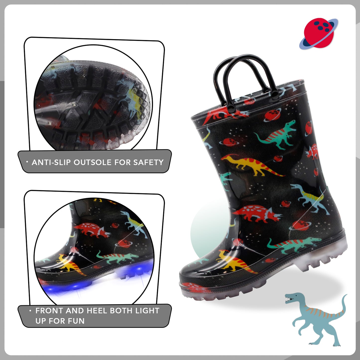 Black Dinosaur Waterproof Light Up Rain Boots with Handles