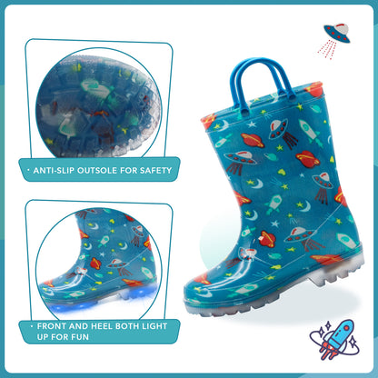 Teal Blue Space Light Up Waterproof Rain Boots with Easy-on Handles