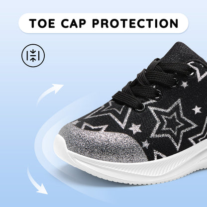 Girls Sneakers Kids Lightweight Running Shoes Black-Silver Star