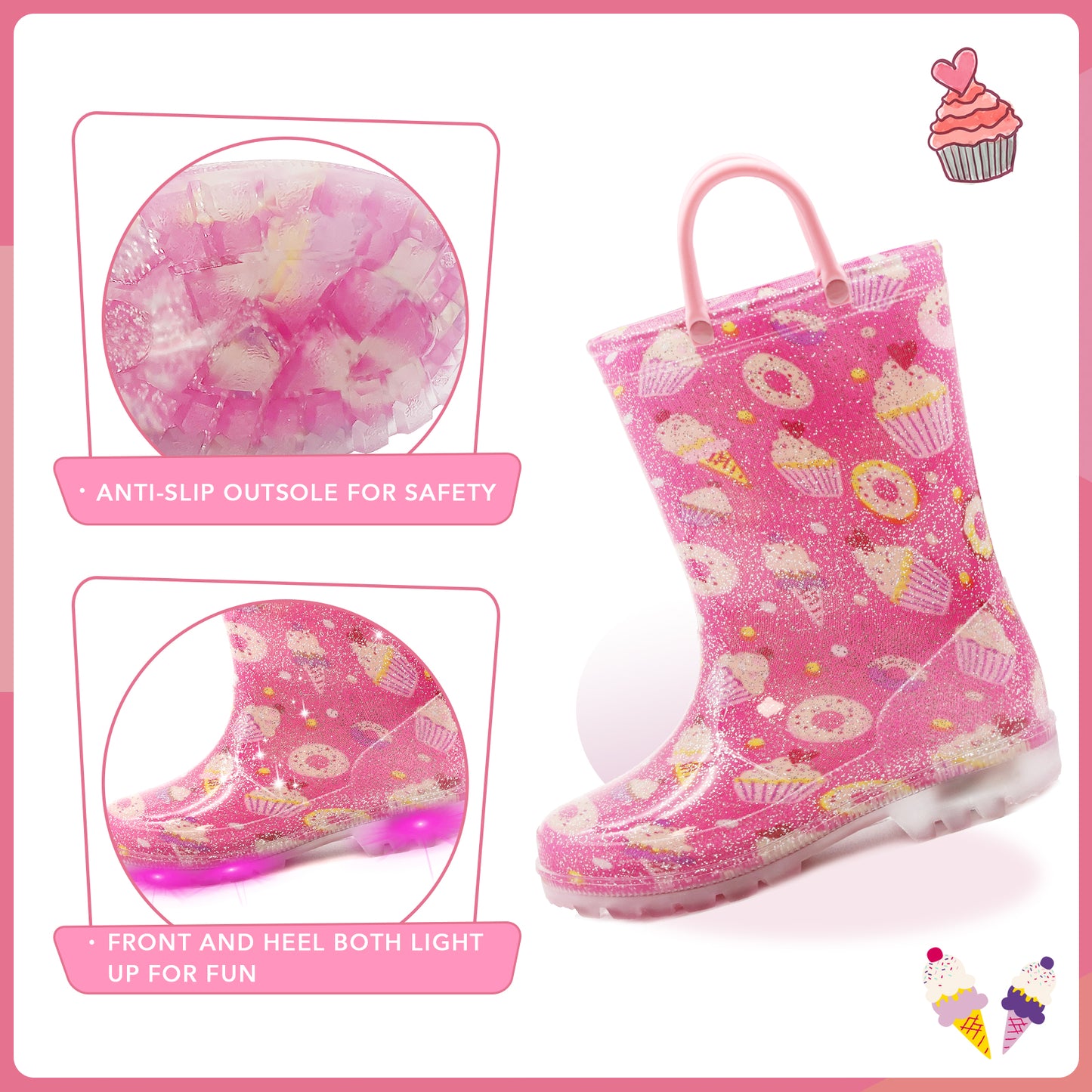 Glitter Pink Donut Light Up Waterproof Rain Boots with Handles