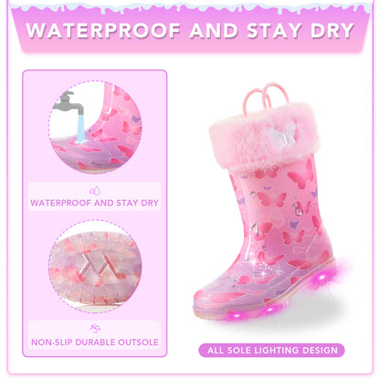 EUXTERPA Butterfly Warm Light Up Girls Rain Boots