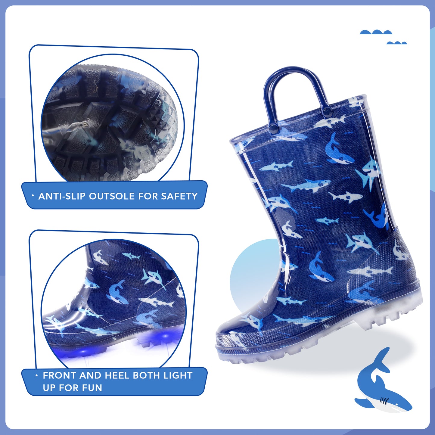 Blue Shark Light Up Waterproof Rain Boots with Easy on Handles