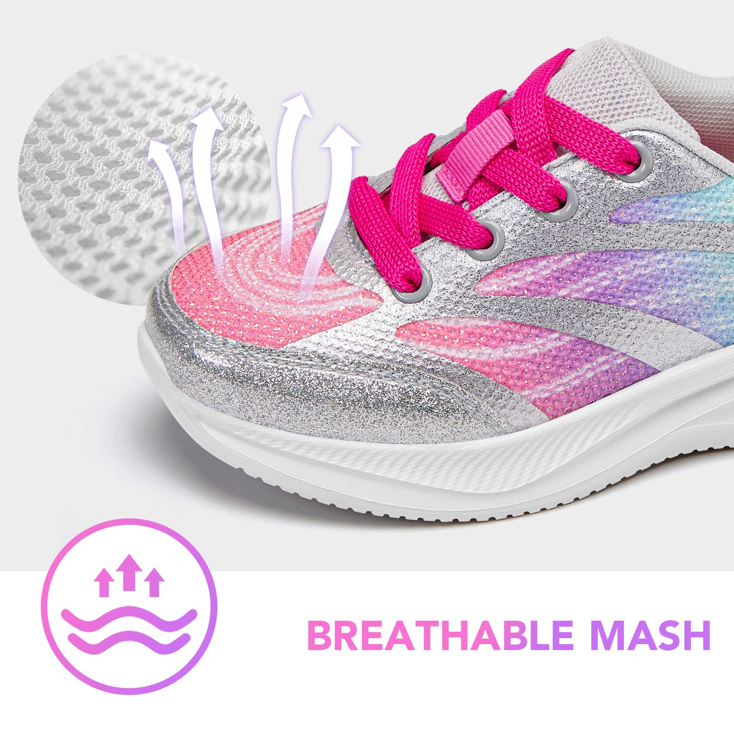 girls sneakers kids lightweight running shoes silver-gray lines with a purple-to-green gradient
