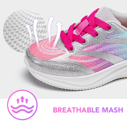 Girls Sneakers Kids Lightweight Running Shoes Silver-gray lines with a purple-to-green gradient