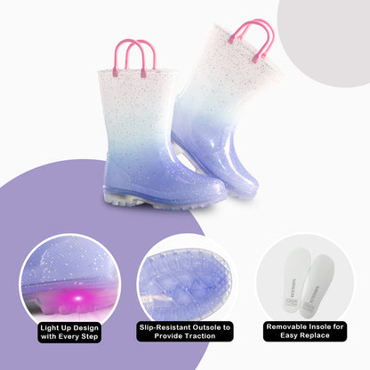 Glitter Purple Gradient Light Up Waterproof Rain Boots Girls with Handles