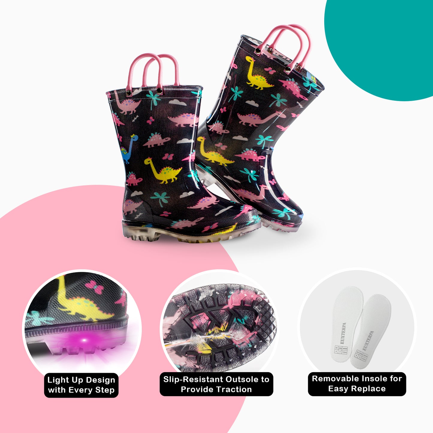 Black Dinosaur Light Up Waterproof Rain Boots with Pink Handles