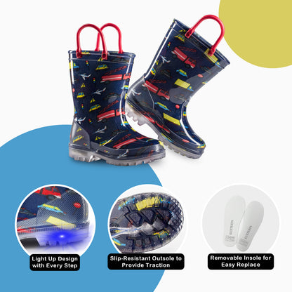 Red Blue Car Truck Light Up Waterproof Rain Boots with Handles