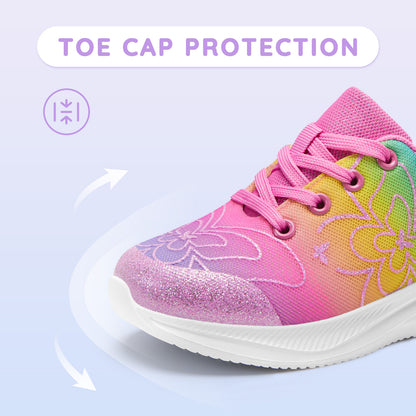 Girls Sneakers Kids Lightweight Running Shoes Butterfly with a gradient of purple, pink, yellow, and green.