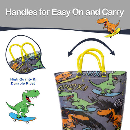 Children's bag with dinosaur design and handles for easy on and carry, featuring high-quality rivets.