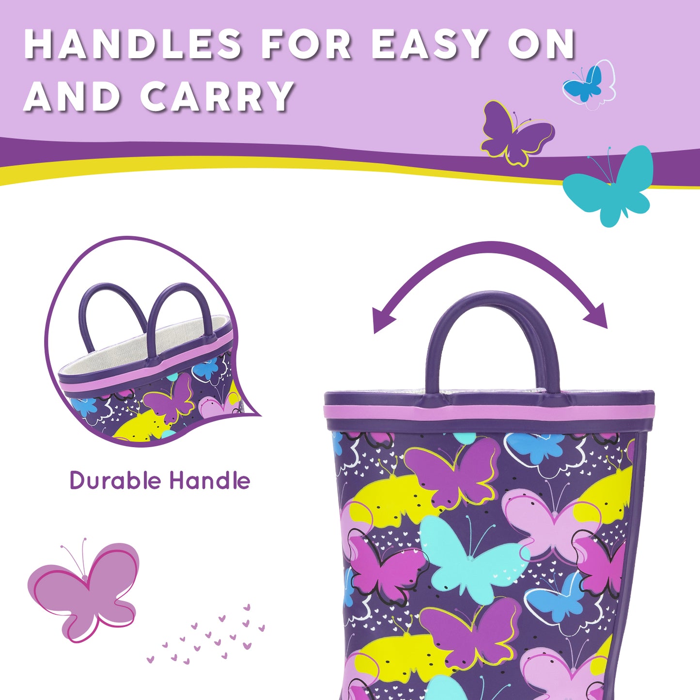 children's raincoat with butterfly design and handles for easy on and carry, on a white background.