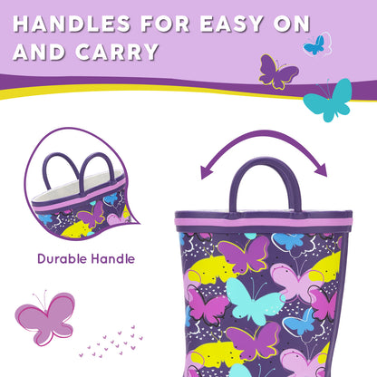 Children's raincoat with butterfly design and handles for easy on and carry, on a white background.