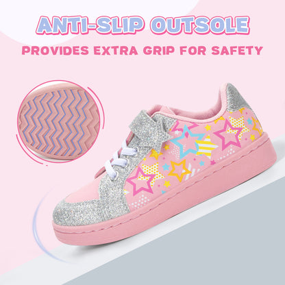 Pink sneaker with star patterns and glittery accents on a light pink background, highlighting anti-slip sole.