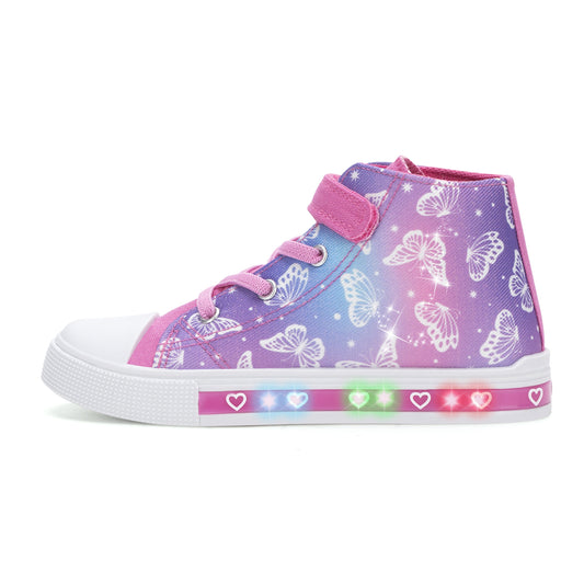 Velcro Pink Blue Purple Butterfly Light Up High Top Canvas Sneakers