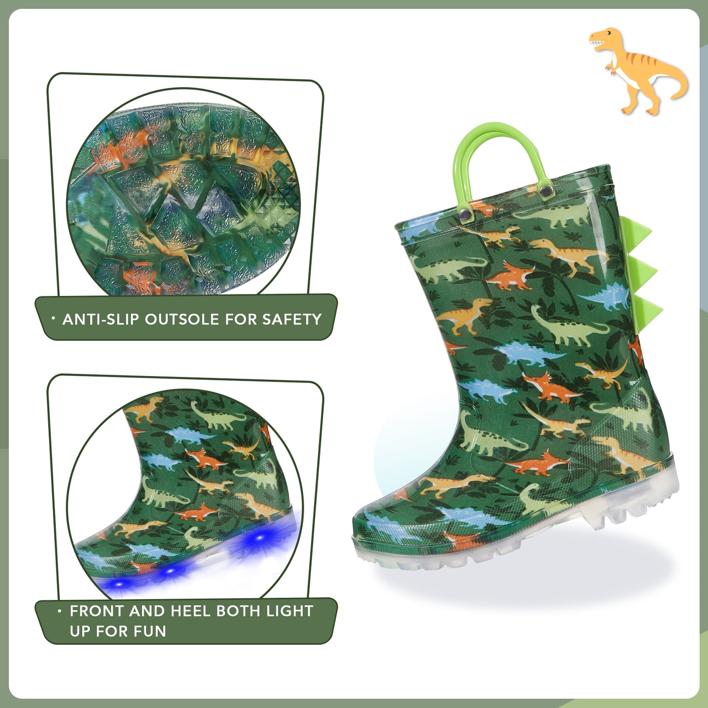 light up boys dinosaur rain boots with handles