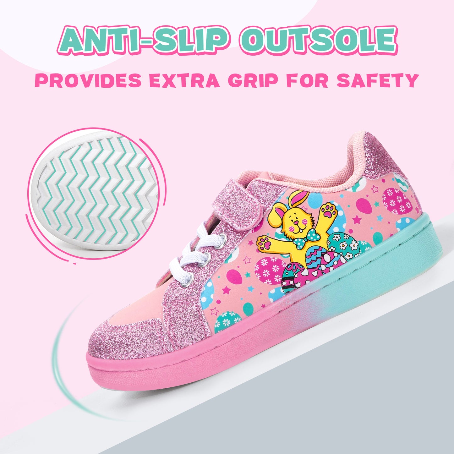 pink children's shoe with cartoon character design and anti-slip sole feature on a light gray background.