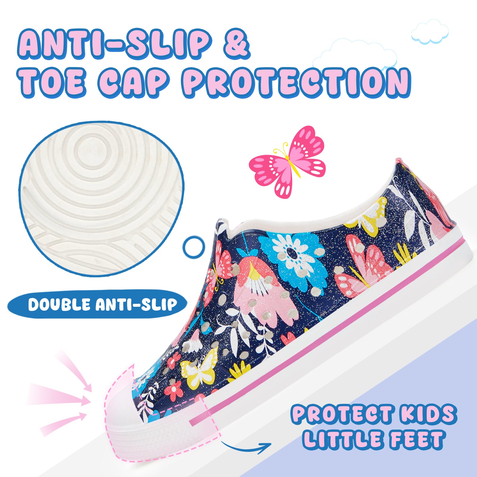 Kids Navy Blue Butterfly Flower Summer Sandals - Large Floral Butterfly Beach Shoes - FUNCOO