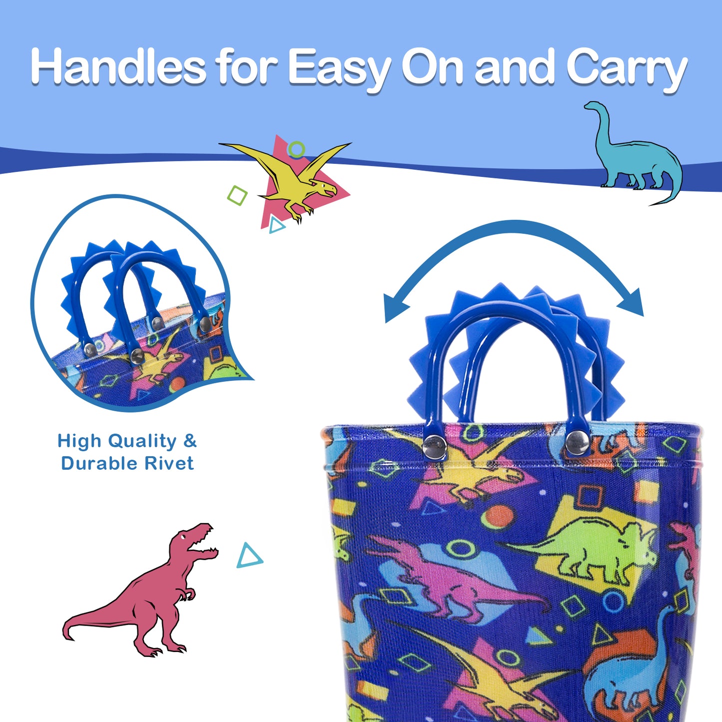 colorful dinosaur-patterned bag with handles on a white background