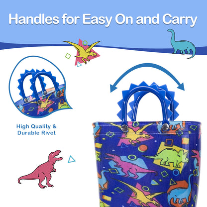 Colorful dinosaur-patterned bag with handles on a white background