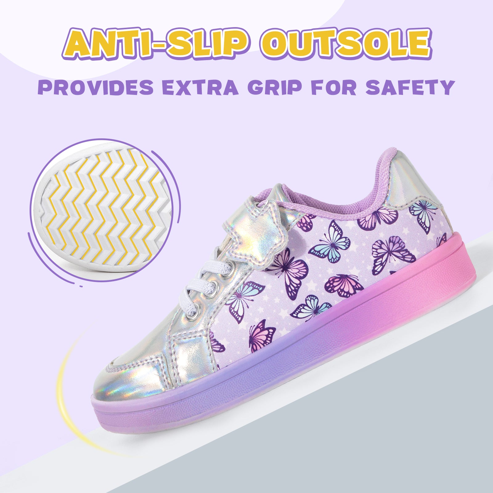 Shoe with butterfly pattern and anti-slip sole on a light purple background