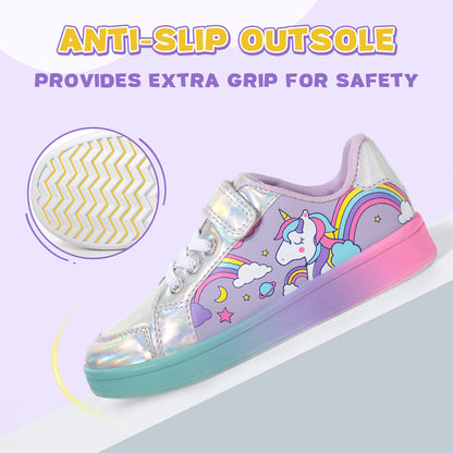 Unicorn-themed shoe with holographic design and anti-slip sole on a light purple background