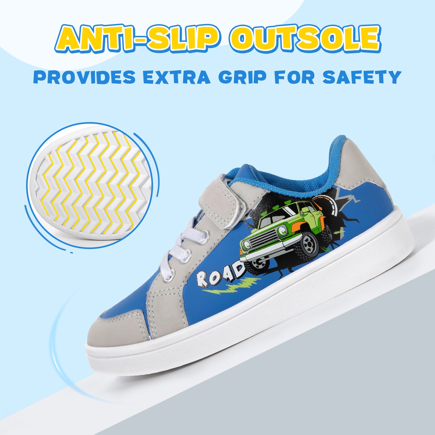 children's shoe with truck design and anti-slip outsole on a light blue background