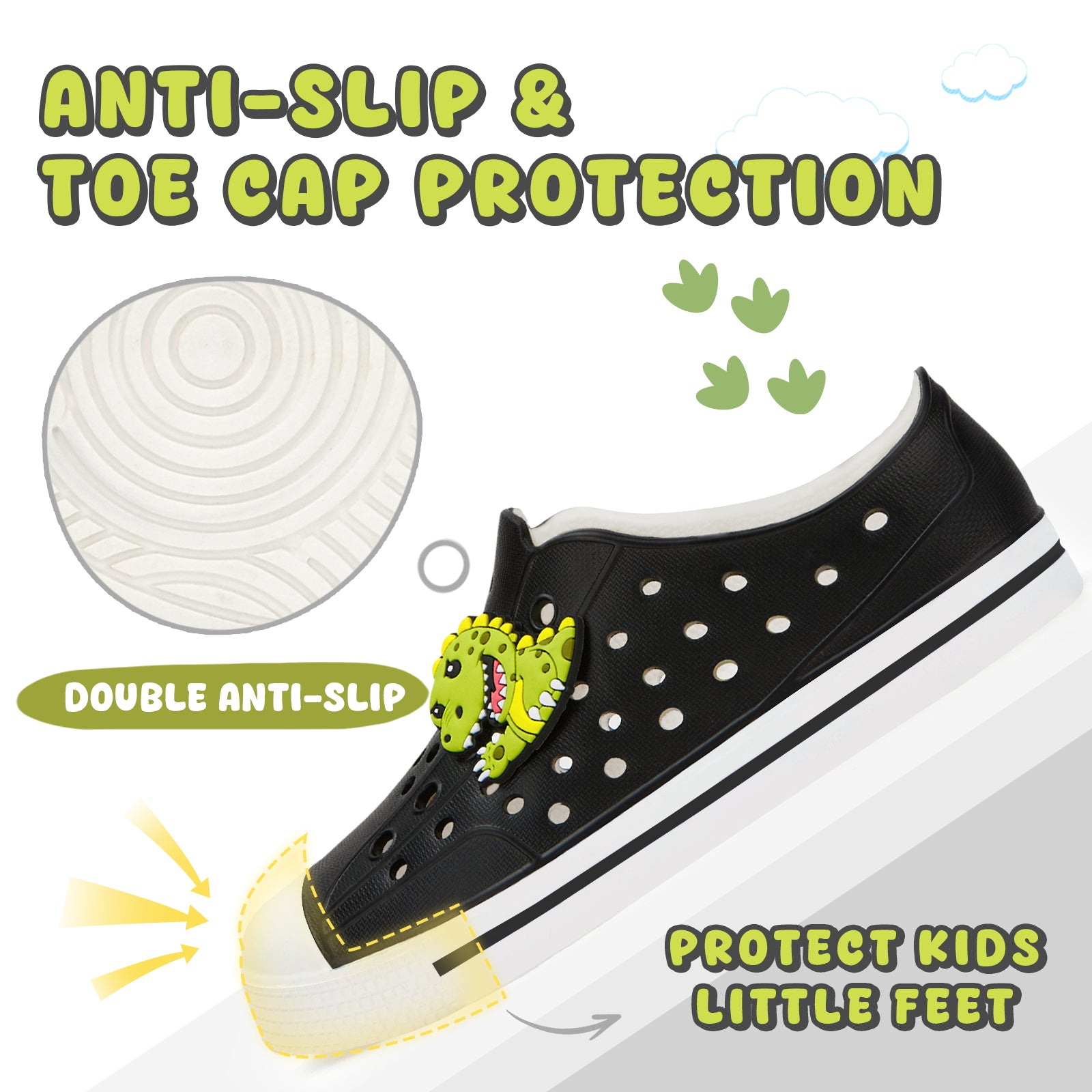 Kids Green Dinosaur Summer Sandals - Solid Black Dino Beach Shoes - FUNCOO