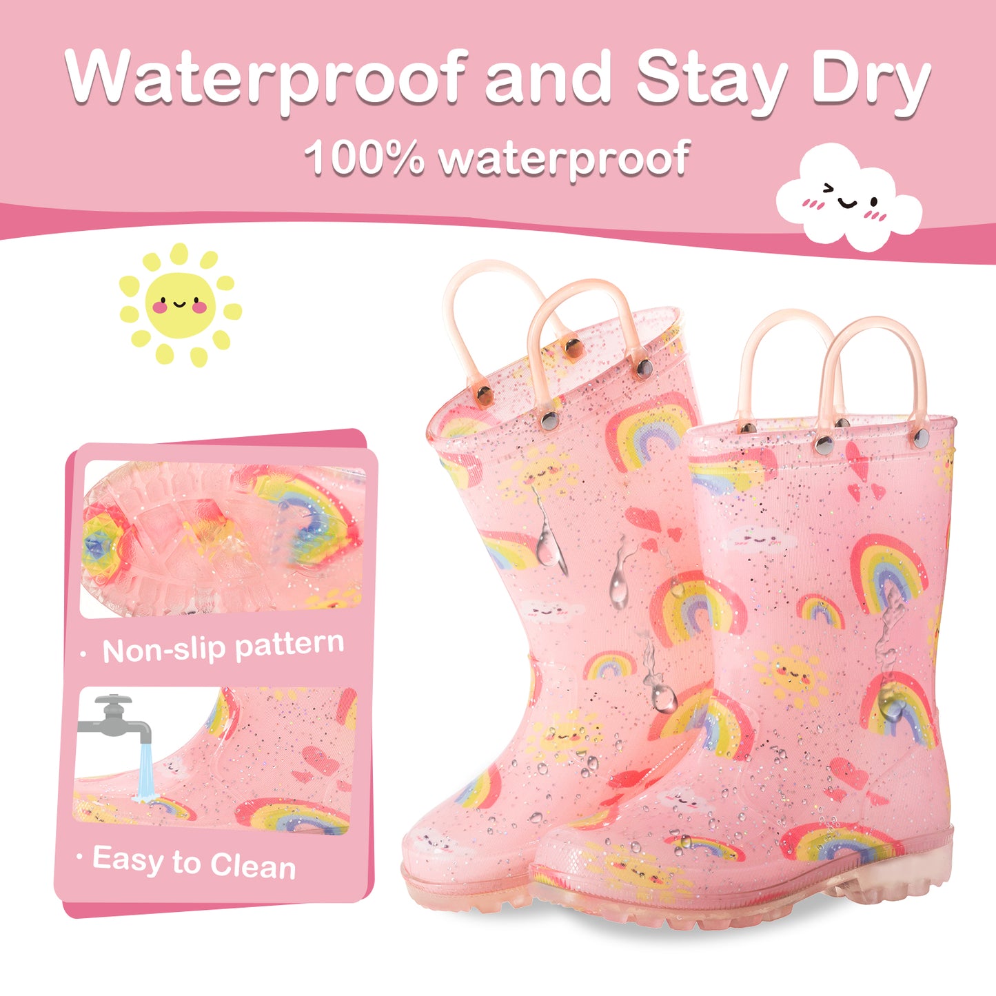 Pink Rainbow Light Up Waterproof Rain Boots with Handles