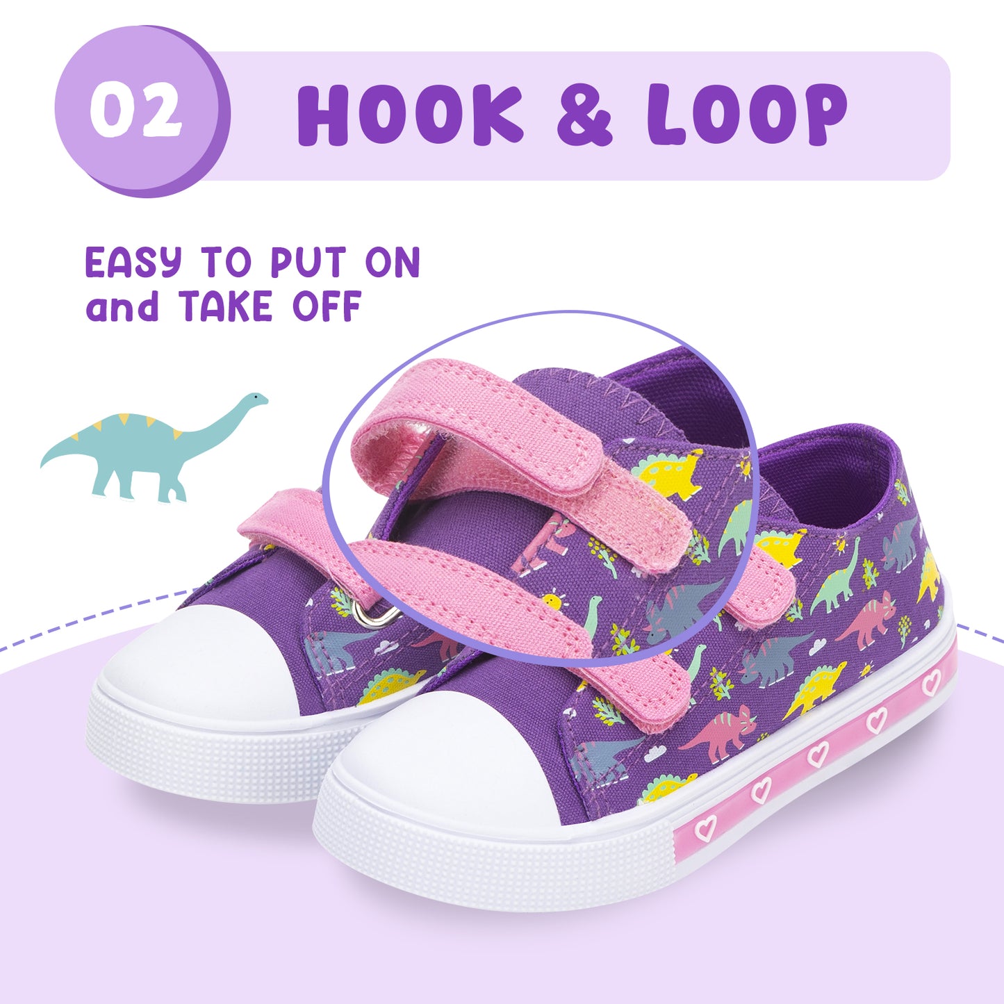 purple children's sneakers with dinosaur pattern and pink hook and loop strap on a light purple background.