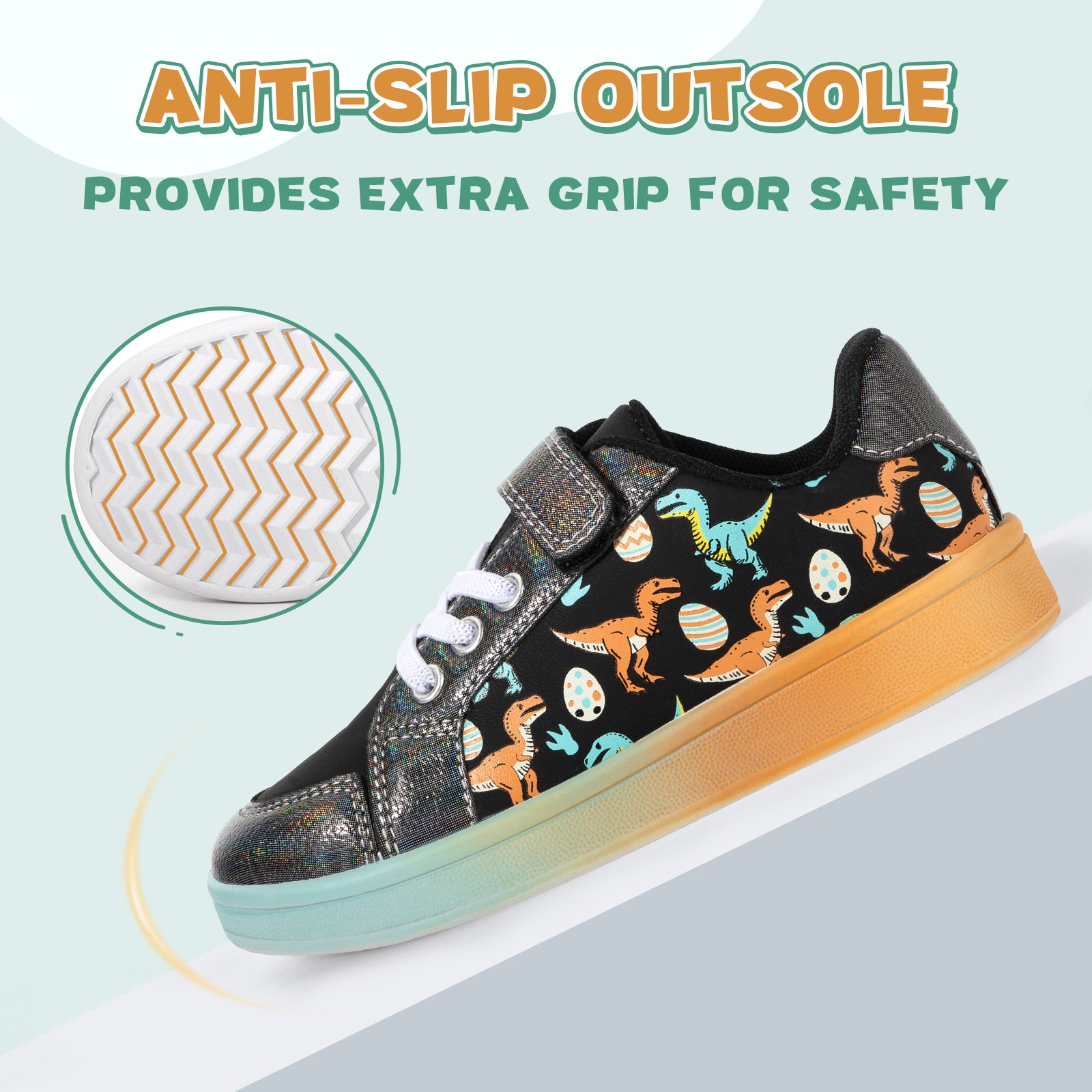 Children's sneaker with dinosaur pattern and anti-slip sole on a light blue background