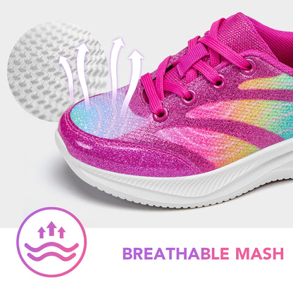 Girls Sneakers Kids Lightweight Running Shoes Magenta lines with a rainbow gradient