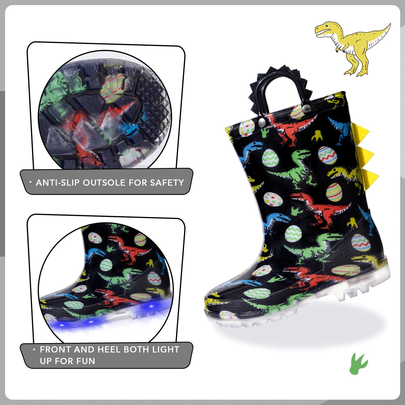 Children's rain boots with dinosaur and space pattern, featuring LED lights and anti-slip outsole.