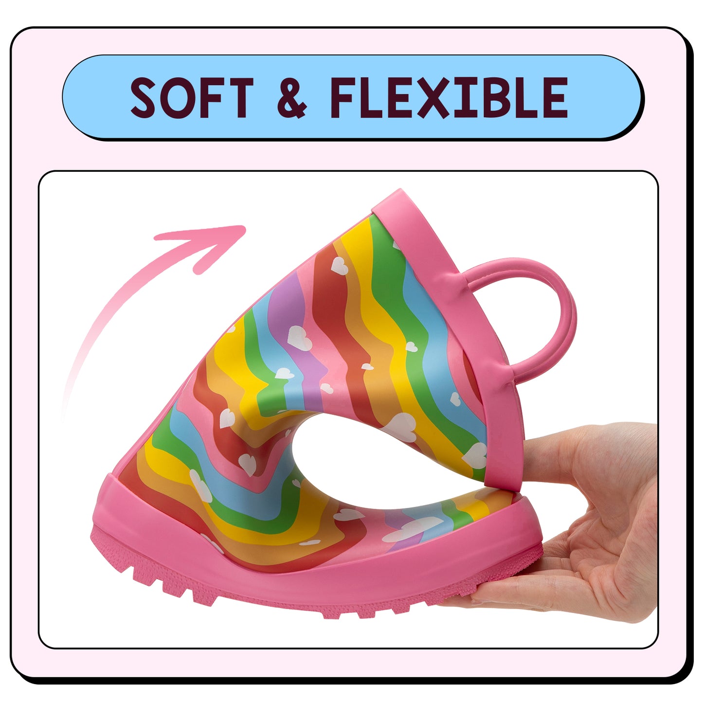 colorful children's rain boot with pink handle, held by a hand, on a white background with 'soft & flexible' text above.