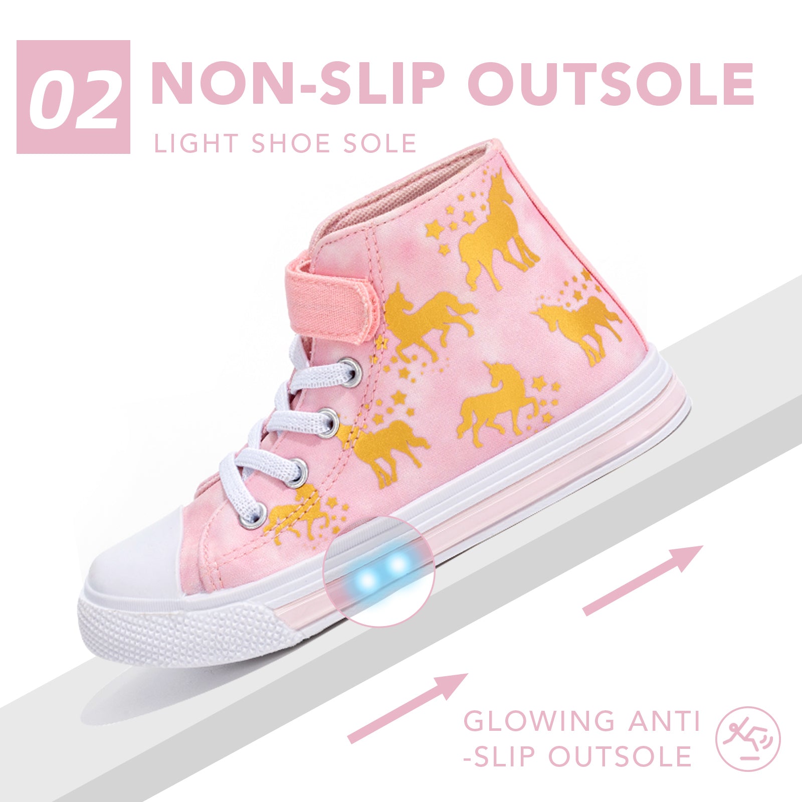 Velcro Glod Unicorn Light Up High Top Girls Sneakers - FUNCOO