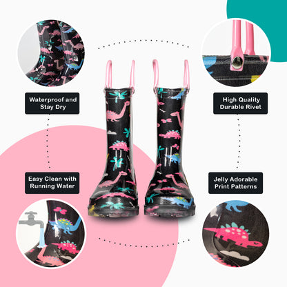 Black Dinosaur Light Up Waterproof Rain Boots with Pink Handles