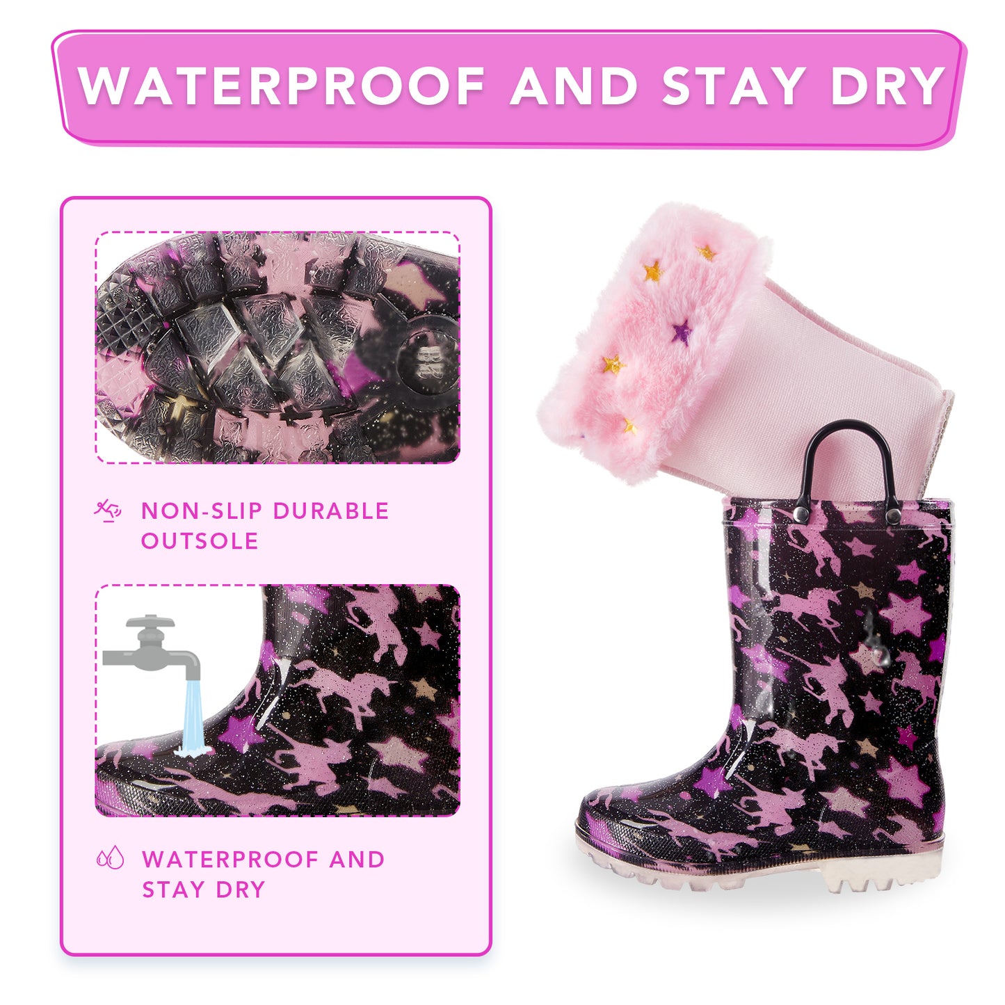 light up warm kids rain boots unicorns and stars on a black background