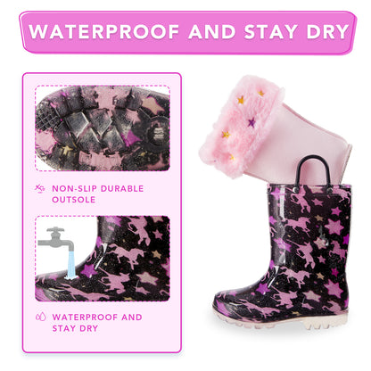 Light Up Warm Kids Rain Boots Unicorns and stars on a black background