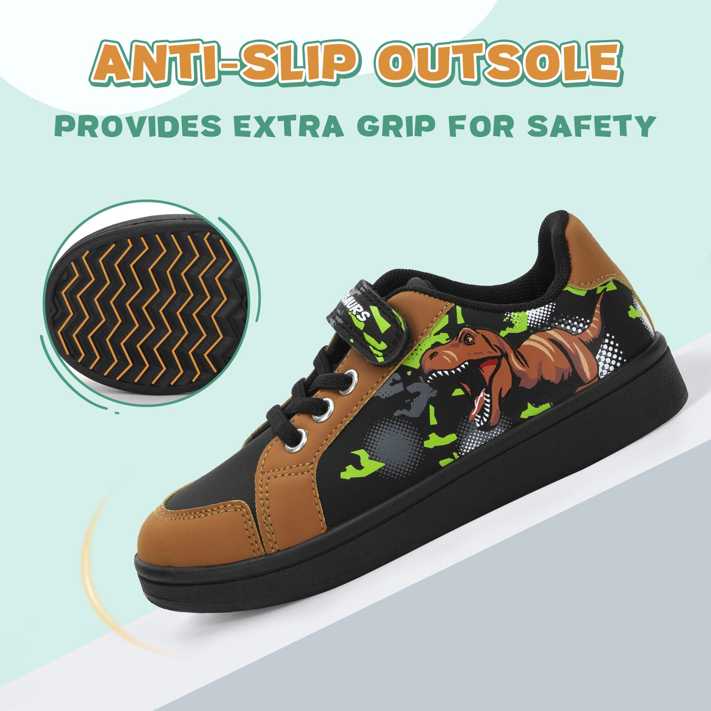 children's dinosaur-themed shoe with anti-slip sole on a light blue background