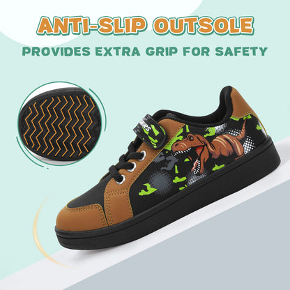 Children's dinosaur-themed shoe with anti-slip sole on a light blue background