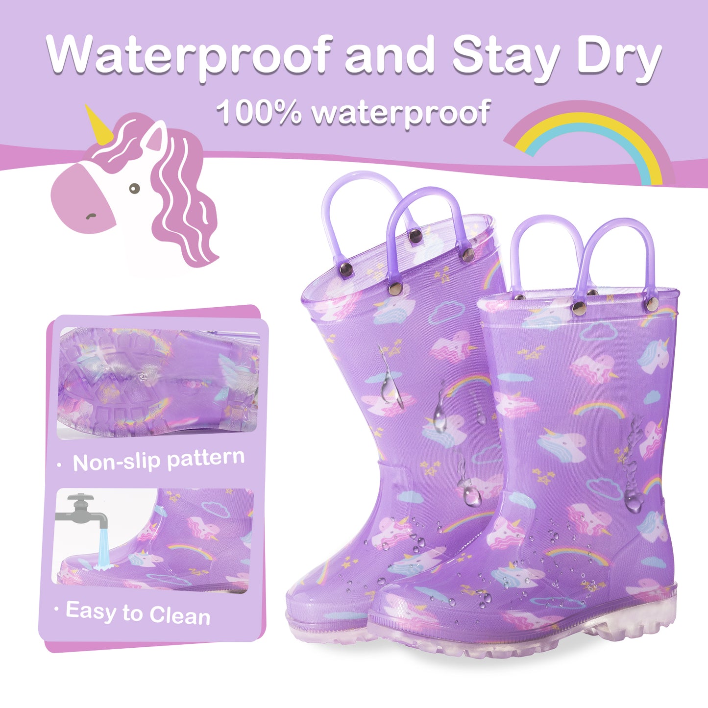 Purple Unicorn Light Up Waterproof Rain Boots with Handles