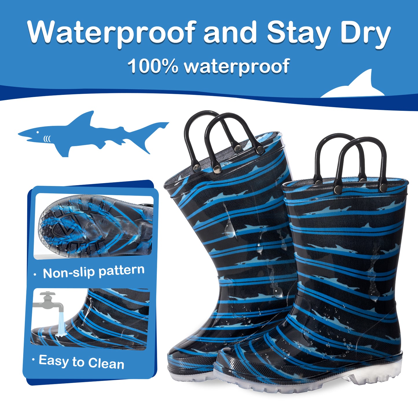 Blue Black Shark Light Up Waterproof Rain Boots with Handles