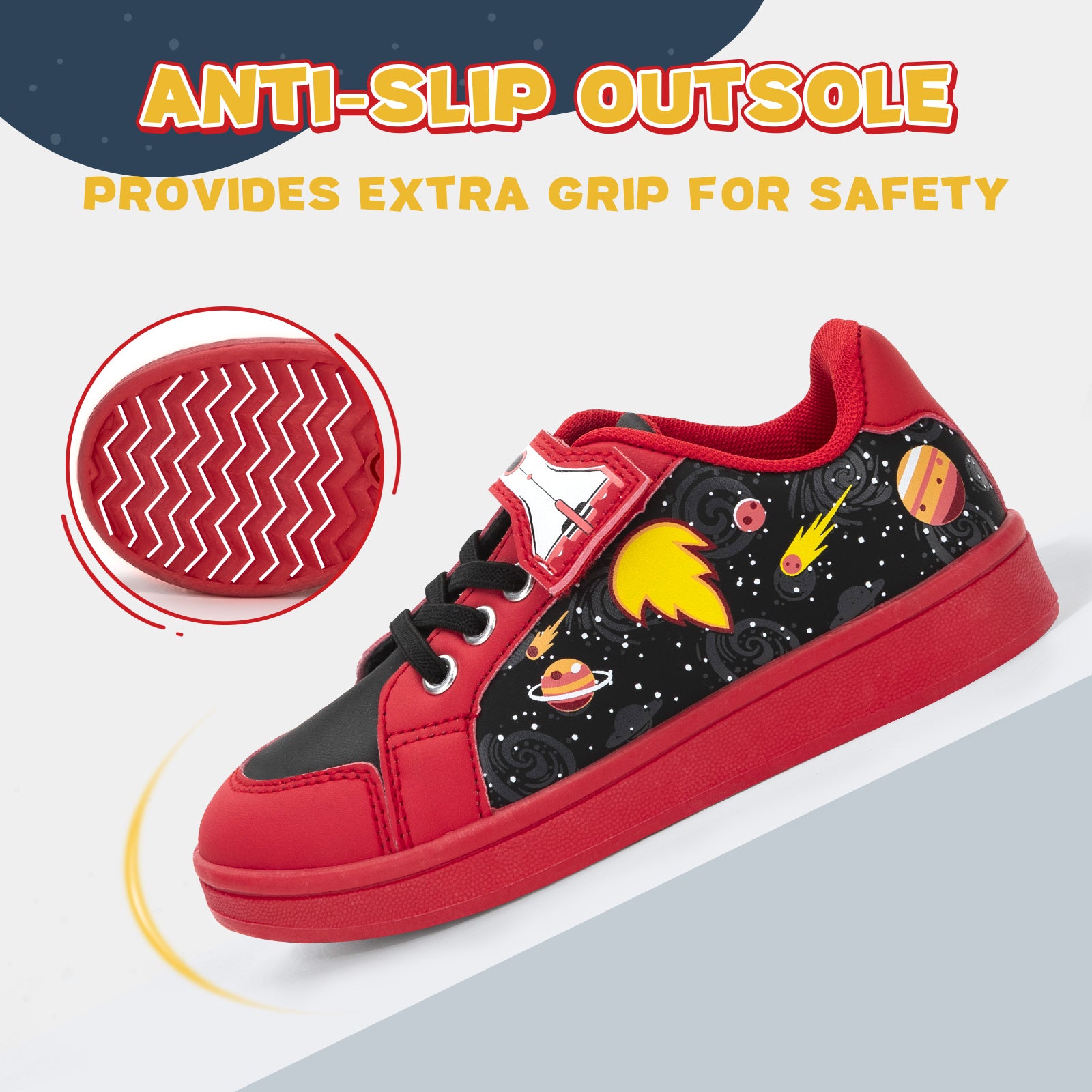 Red and black sneaker with space-themed design on a white background, highlighting anti-slip sole.