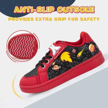 Red and black sneaker with space-themed design on a white background, highlighting anti-slip sole.