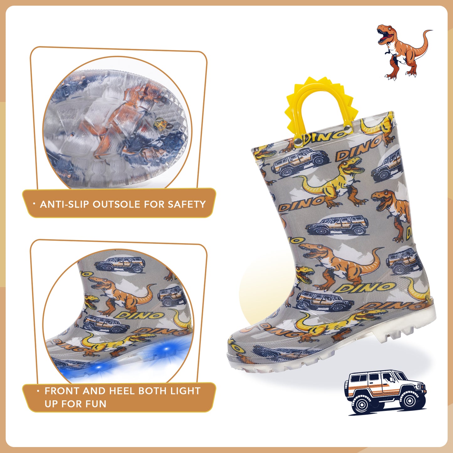 children's rain boot with dinosaur design on a beige background