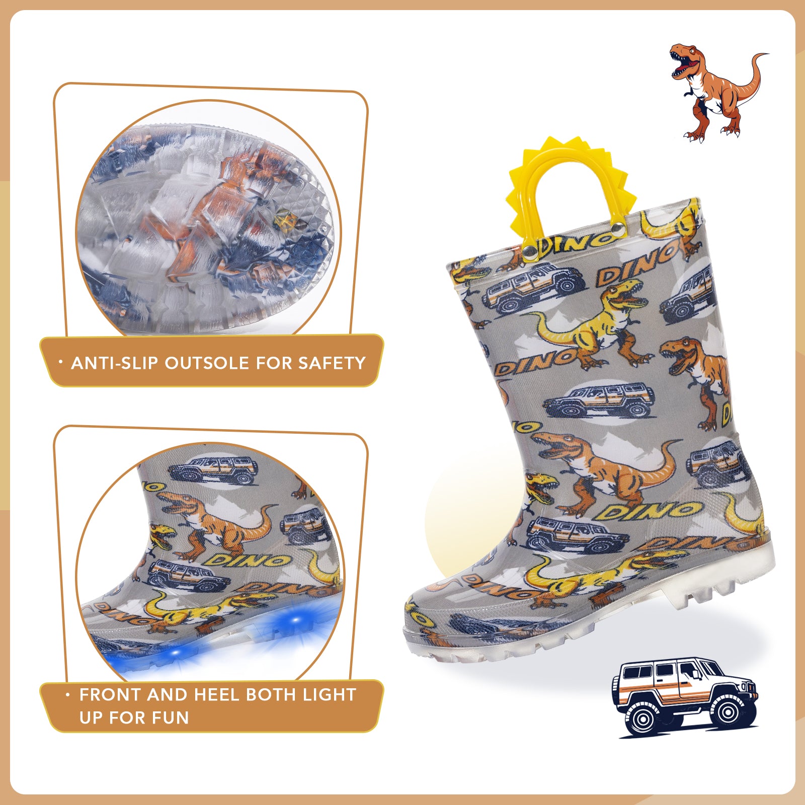 Children's rain boot with dinosaur design on a beige background