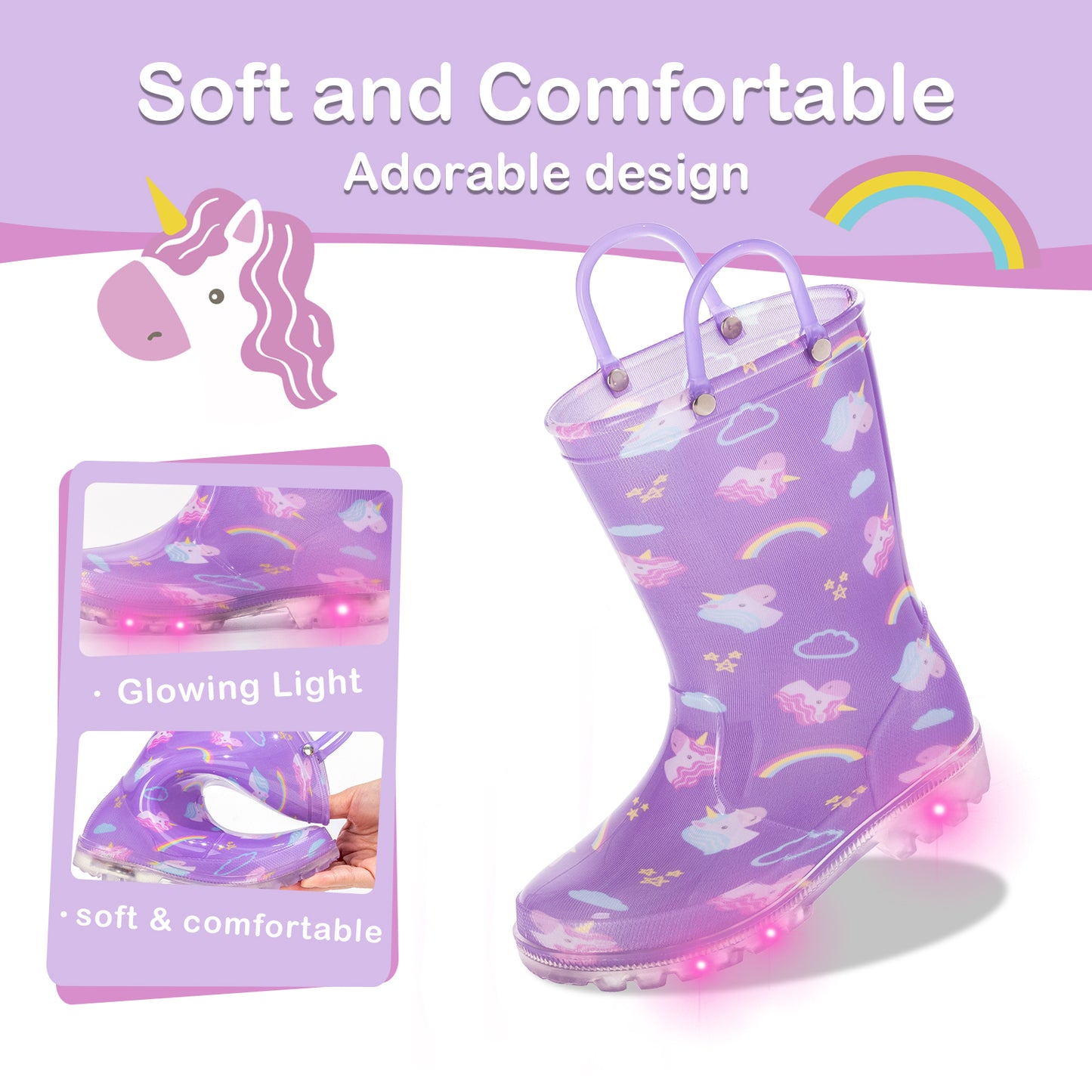 Purple Unicorn Light Up Waterproof Rain Boots with Handles