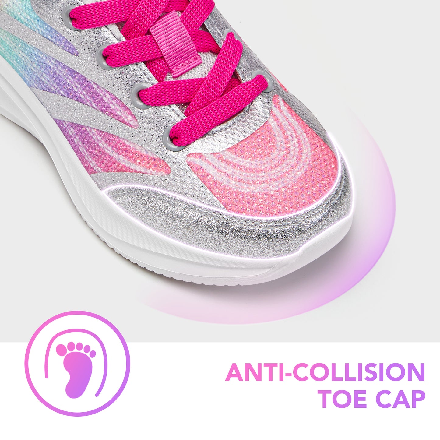 girls sneakers kids lightweight running shoes silver-gray lines with a purple-to-green gradient