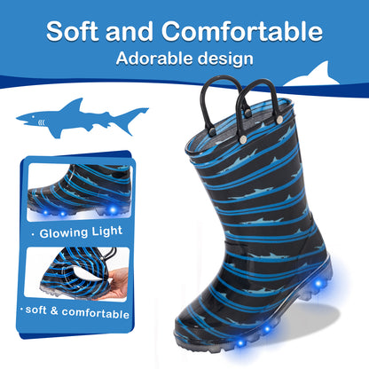 Blue Black Shark Light Up Waterproof Rain Boots with Handles