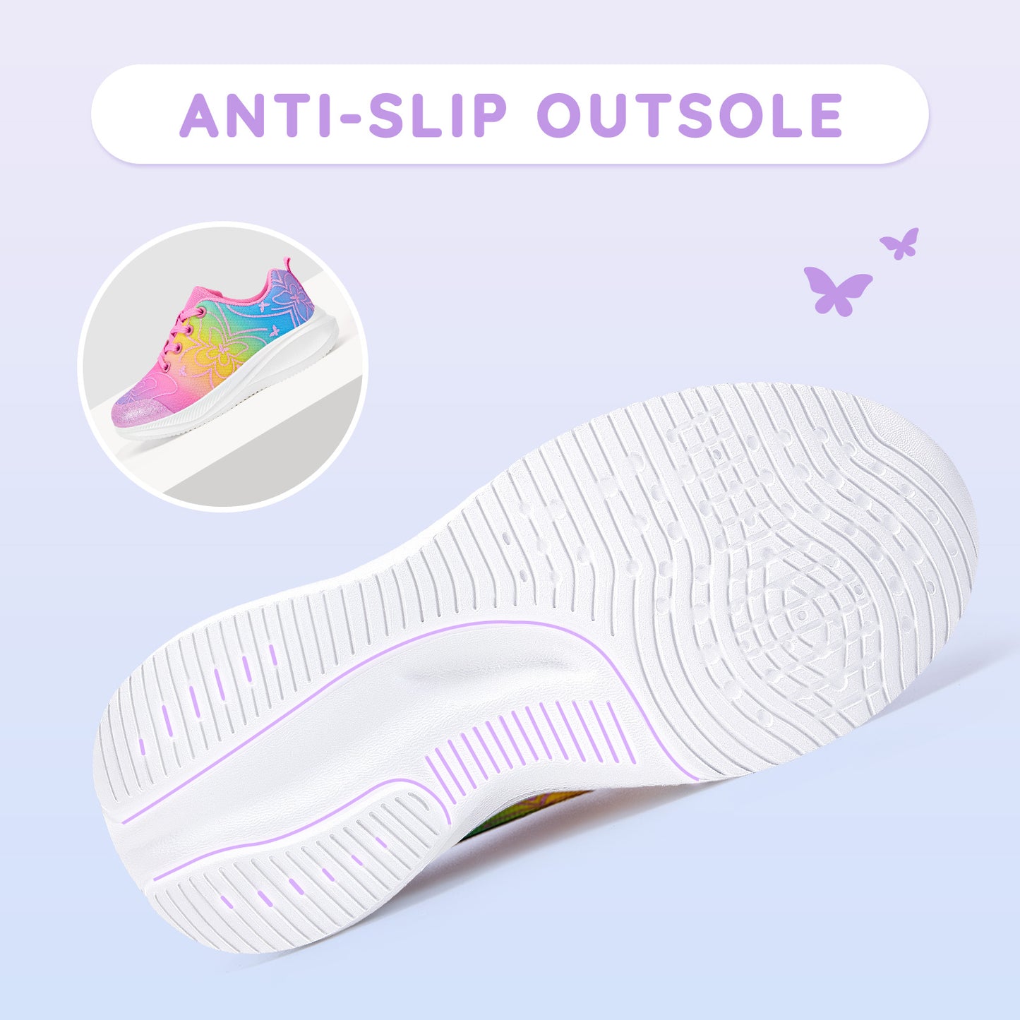girls sneakers kids lightweight running shoes butterfly with a gradient of purple, pink, yellow, and green.