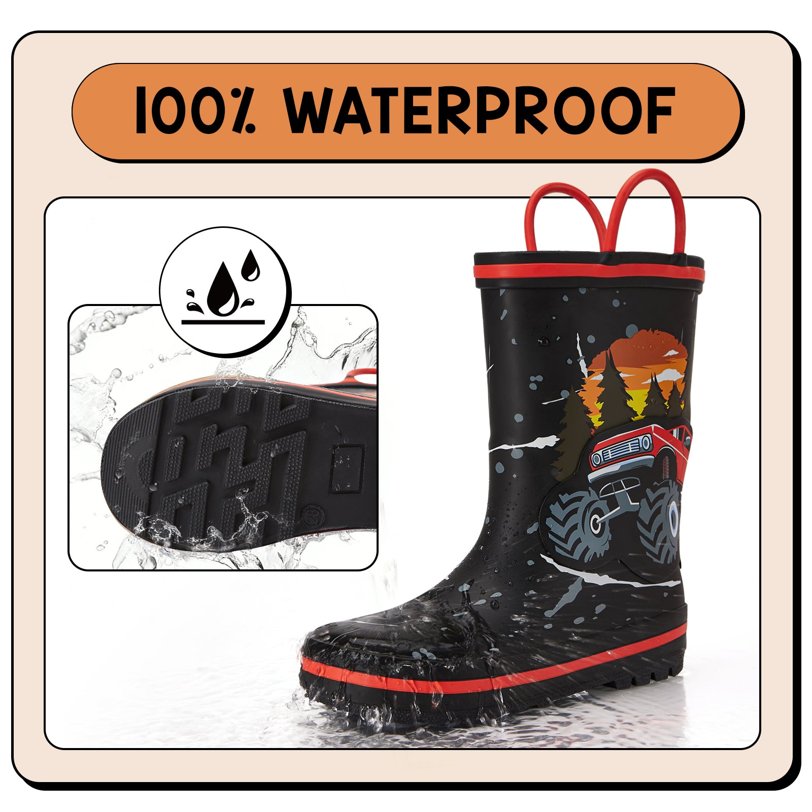Sunset Jeep Toddler Kids Rubber Rain Boots - FUNCOO